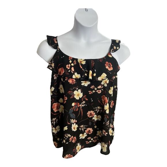Maurices Black Pink Floral Blouse Size 0 Ruffle Neck Sleeveless Tie Pullover - Picture 1 of 10